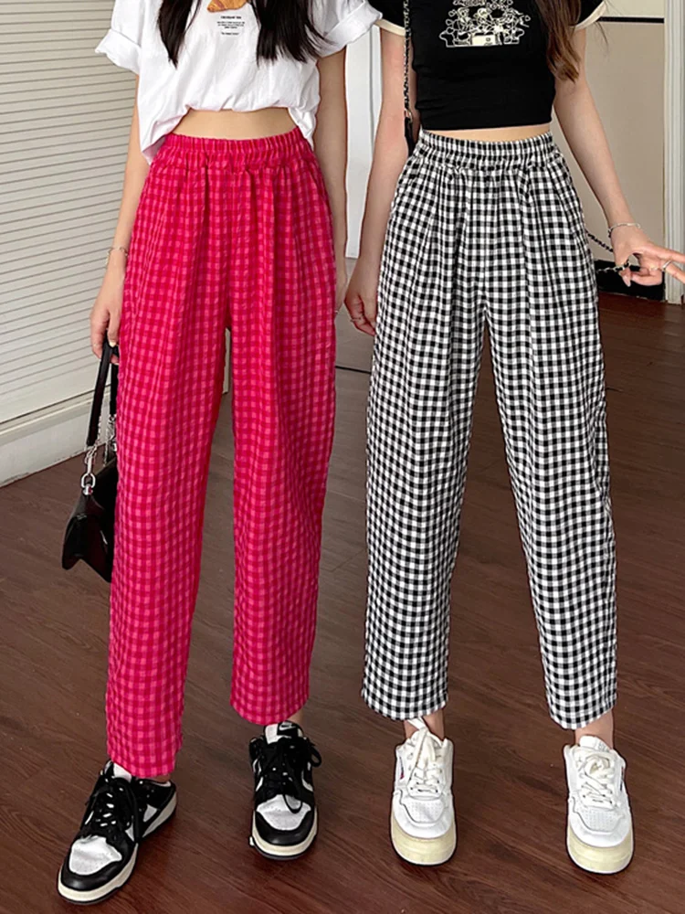 

Брюки женские клетчатые с эластичным поясом, модные офисные прямые хлопково-льняные повседневные штаны в Корейском стиле, красный цвет, 4XL, ...