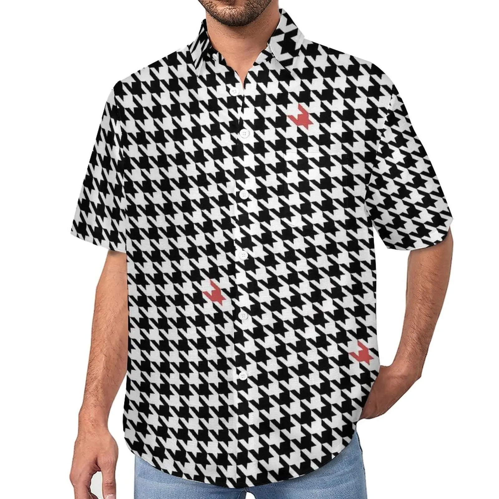 

Classic Houndstooth Casual Shirts Red Black Print Beach Shirt Hawaiian Funny Blouses Man Graphic Big Size