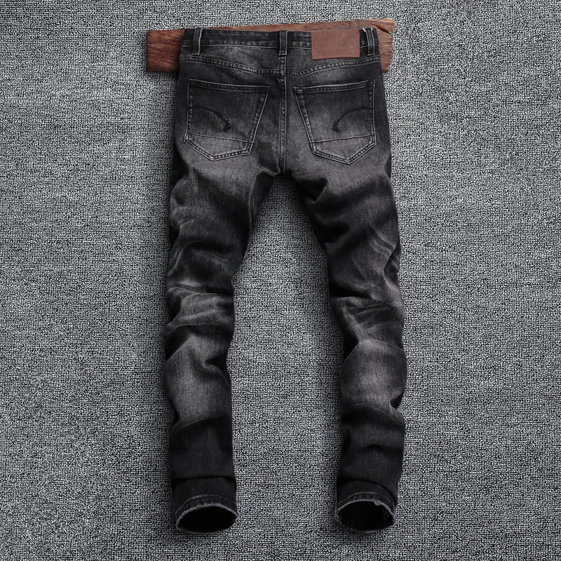 European Designer Fashion Men Jeans High Quality Retro Black Gray Elastic Slim Fit Ripped Jeans Men Vintage Denim Pants Hombre