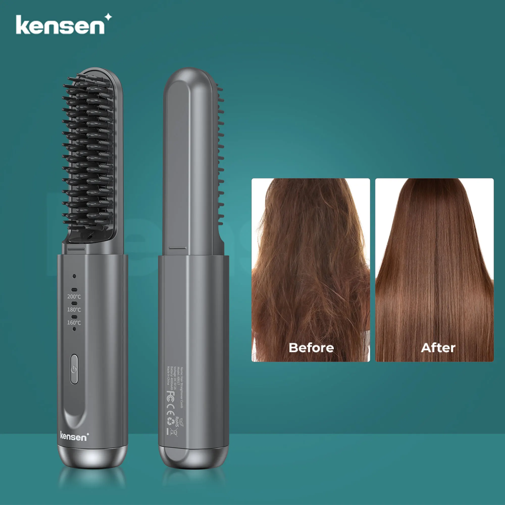 KENSEN USB Hair Straightener Brush Comb Wiht Negative Ion  Wireless Heating Straightener Hair Traval Brush Comb for Men & Women