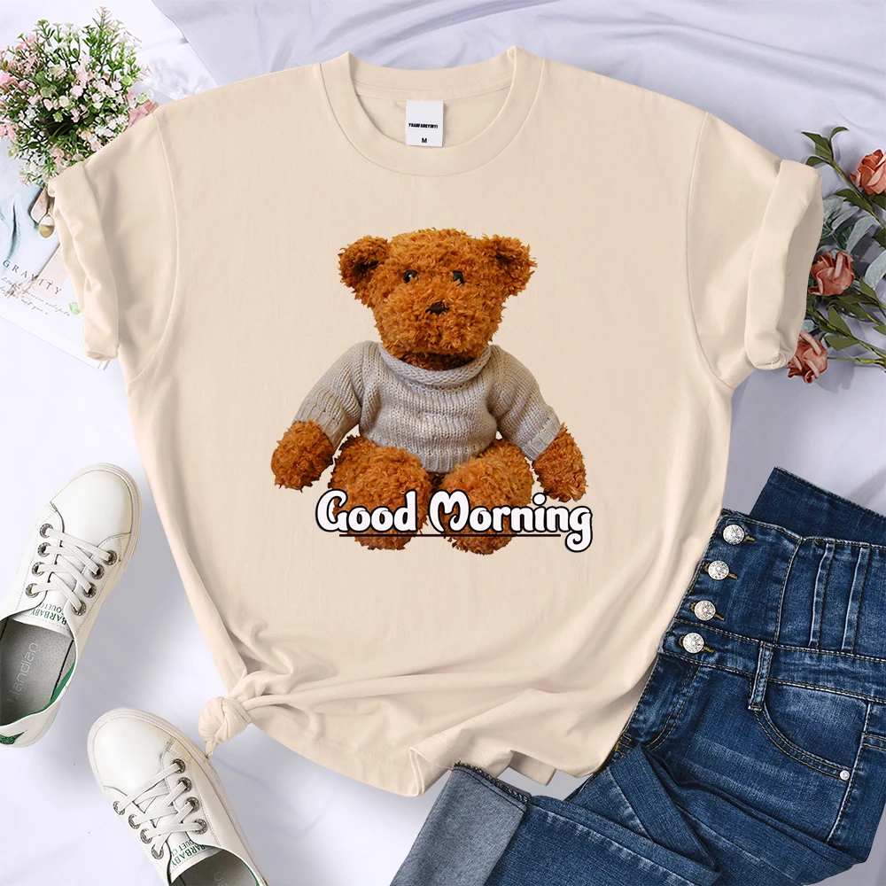 

Женская футболка с мишкой Тедди Good Morning, брендовая летняя футболка, Повседневная Спортивная футболка, одежда, уличный кроп-топ в стиле Харад...