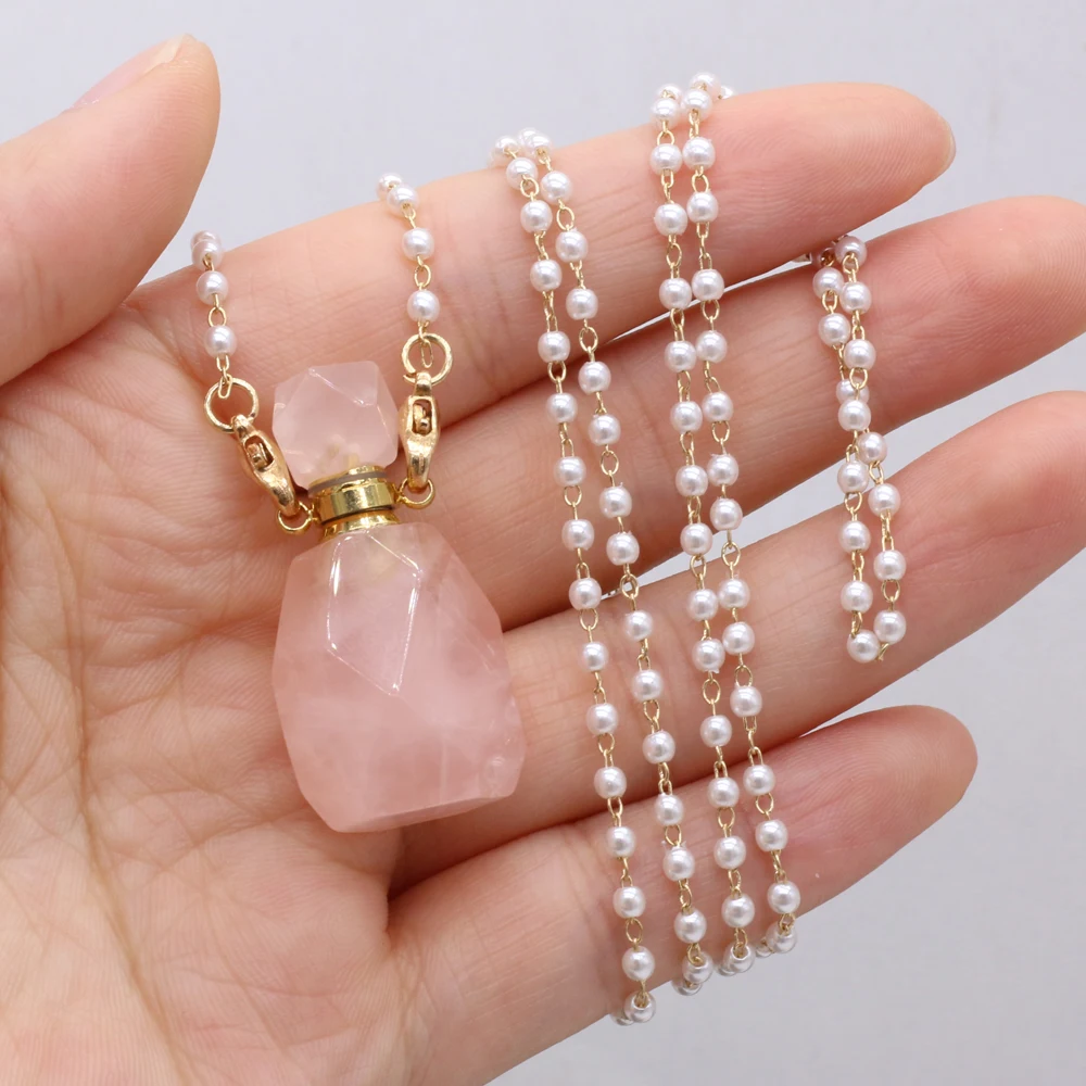 

Rose Quartz Natural Semi-precious Stone Perfume Bottle Necklace Pendant Charm Free Pearl Chain 80CM for DIY Jewelry Making Gifts