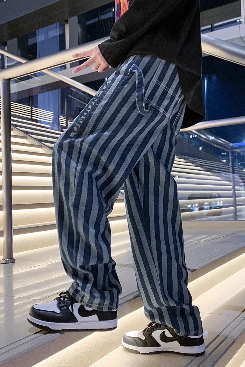2022 Spring New Men's Blue Striped Baggy Jeans Korean Fashion Straight-leg Denim Wide-leg Pants Male Branded Trousers