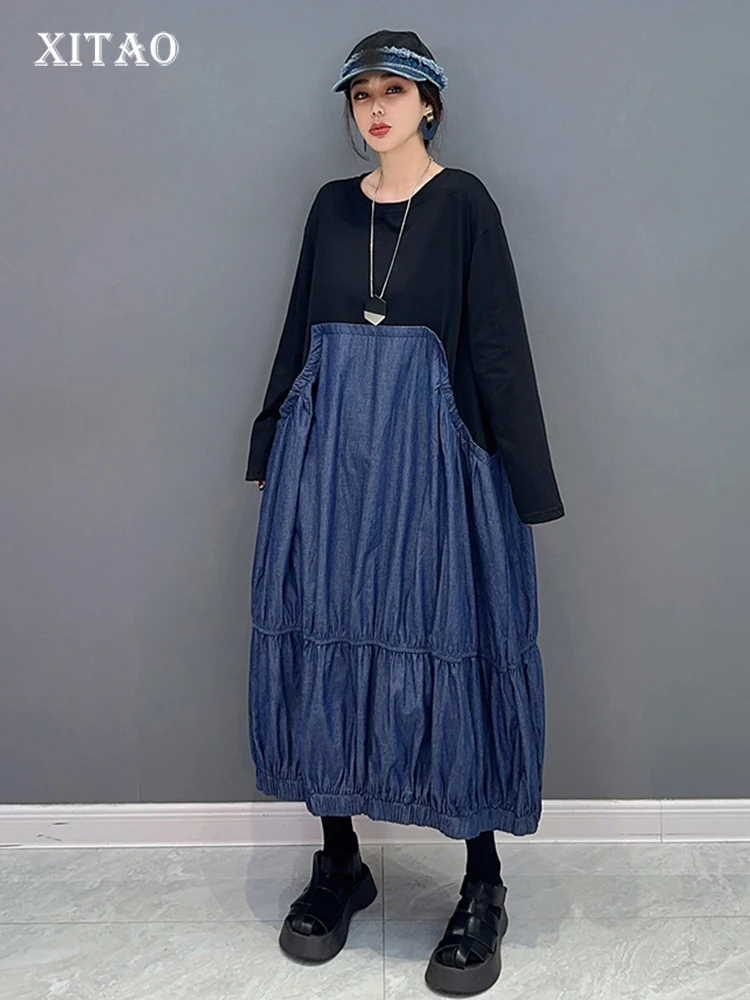 

XITAO лоскутное платье со складками, длинный рукав, тонкая мода, круглый вырез, длинный корейский пуловер, простота, для женщин, весна 2023, ZY8600
