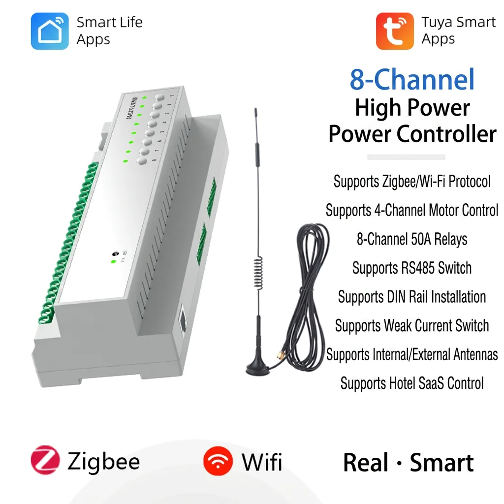 Фото RSH Tuya ZigBee 8-канальный контроллер питания 16А/50А, модуль умного Wi-Fi-выключателя с поддержкой RS485 для отелей №1