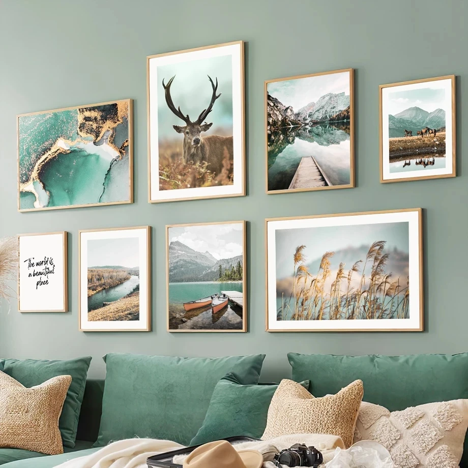 

Осенний пейзаж, Картина на холсте, настенное искусство, лось, озеро, гора, тростник, плакат и печать для современного домашнего декора гостиной