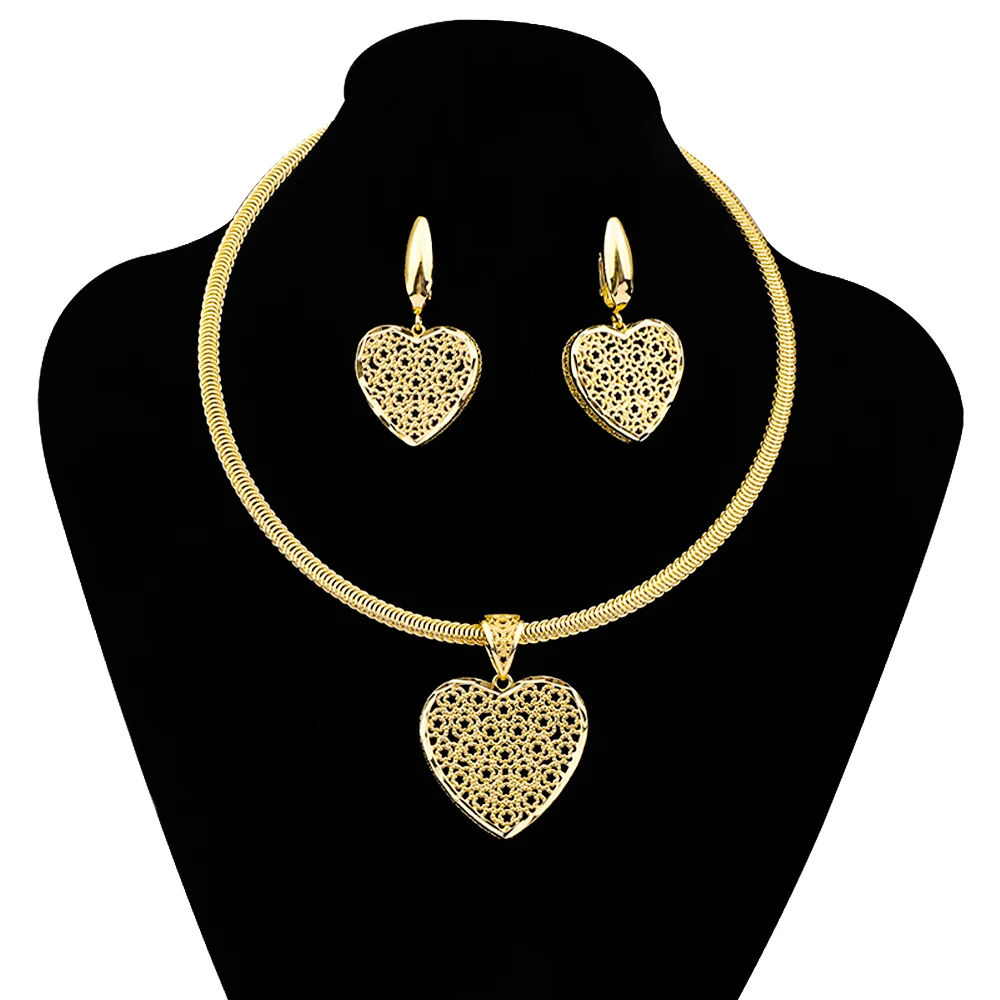 

Gold Color Women's Jewelry Fashion Cute Design Hollow Heart Shape Pendant Necklace Earrings Set Bridal Dubai Party Accessories