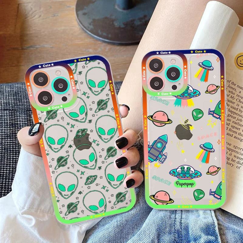 

Aesthetics Cartoon alien space Phone Case For iPhone 11 12 13 14 Mini Pro Max XR X XS TPU Clear Case For 8 7 6 Plus SE 2020