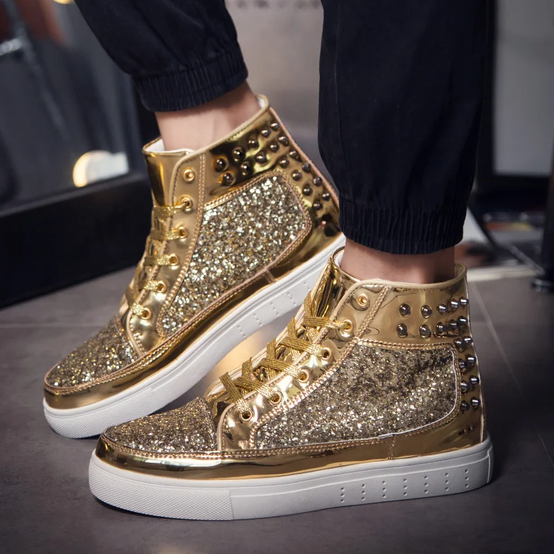 Fashion Brand Gold Luxury Glitter Shoes Men High Top Snerkers Sequin Streetwear Hip Hop Sneakers Male Lace-up Rock Shoes