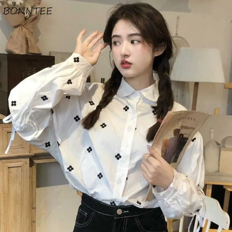 

Casual Shirts Women Soft Sweet Print Korean Style All-match Shirring Trendy Spring College Girls Simple Chic Clothing Aesthetics