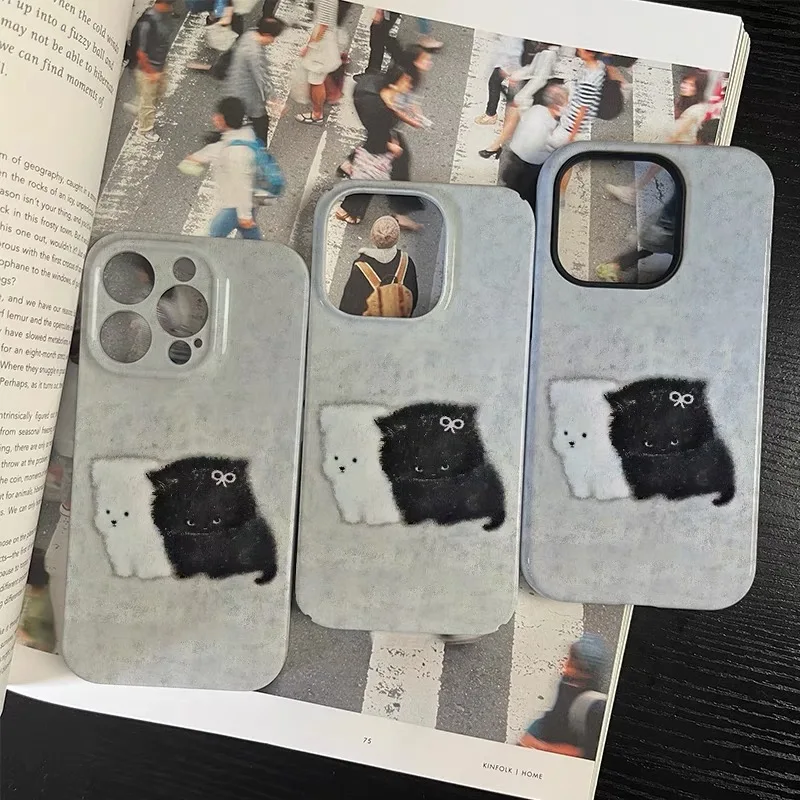Черно-белый чехол для телефона с милым маленьким котом и мультяшным рисунком IPhone