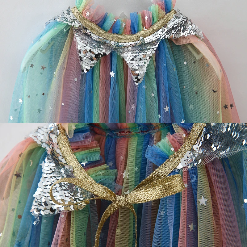 New Halloween Carnival Girls Rainbow Sequins Cape Children Elsa Princess Cosplay Costume Mesh Drawstring Cloak Fancy Dress Up images - 6