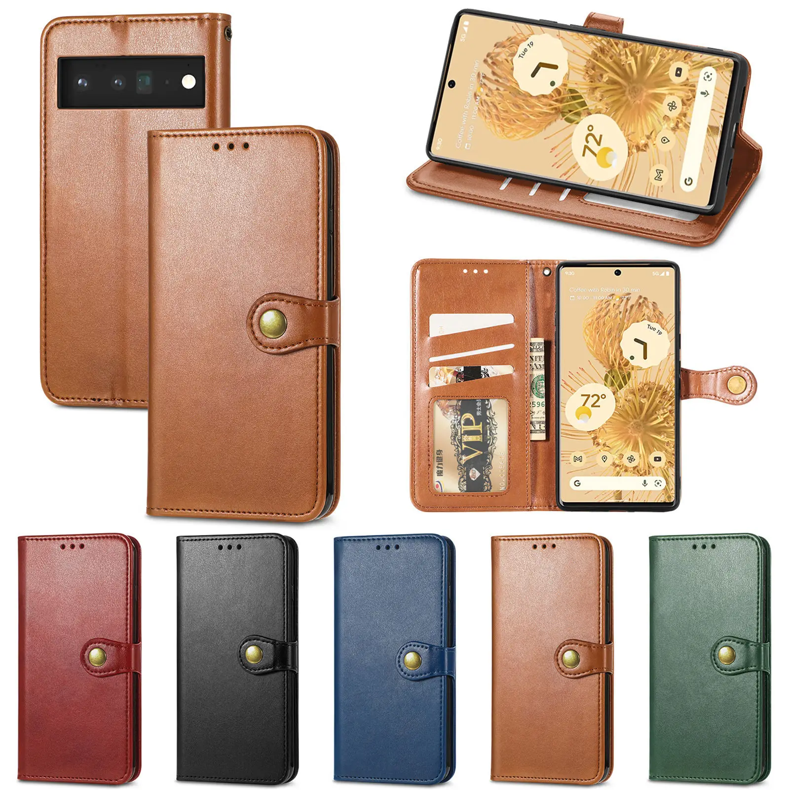 

Stand Design PU Leather Wallet Case with Magnetic Brass Buckle for Google Pixel 7 6 6A Pro 5A 5G Cover