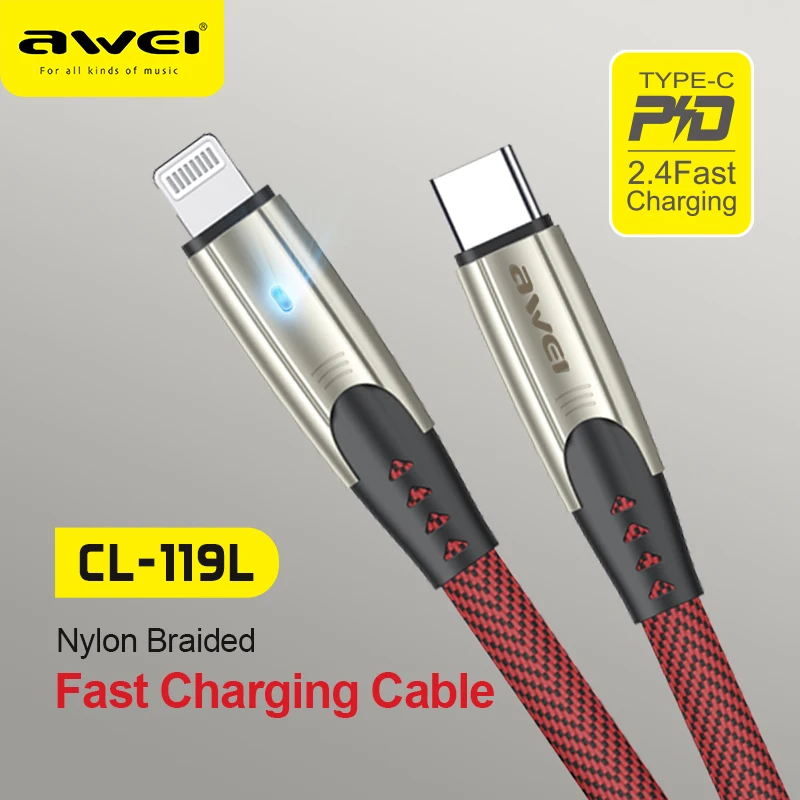 

Awei CL-119L 20 Вт USB C Type-C кабель для телефона с быстрой зарядкой, нейлоновые кабели для iPhone, ноутбука Marbook, напоминания о дыхании