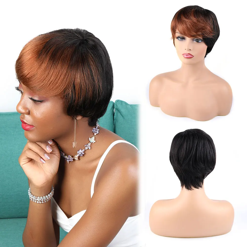 Short Human Hair Wigs Mixed Colours Pixie Cut Wigs Brazilian 100% Human Hair Wigs Full Mechanism Cheap Human Hair Wigs for Women