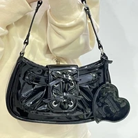 xiuya girly shoulder bag women 2022 ribbon bow pleated patent leather female bag korea ladies underarm pouch with heart