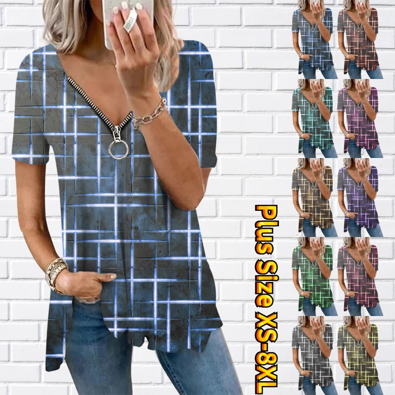 

Женский Повседневный пуловер оверсайз, футболка с V-образным вырезом, модный просторный топ с 3D принтом, топы на молнии с коротким рукавом, 2023