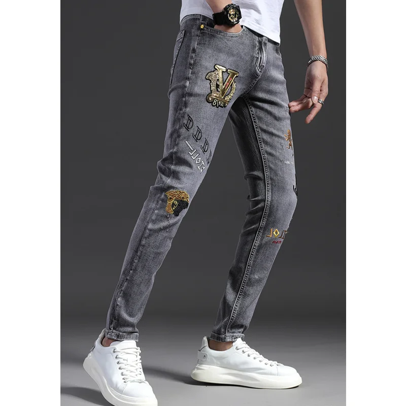 Streetwear Men 2022 New Embroidered Recreational Jeans Sense of Design Vintage Light Grey Pencil Pants Autumn and Winter Female