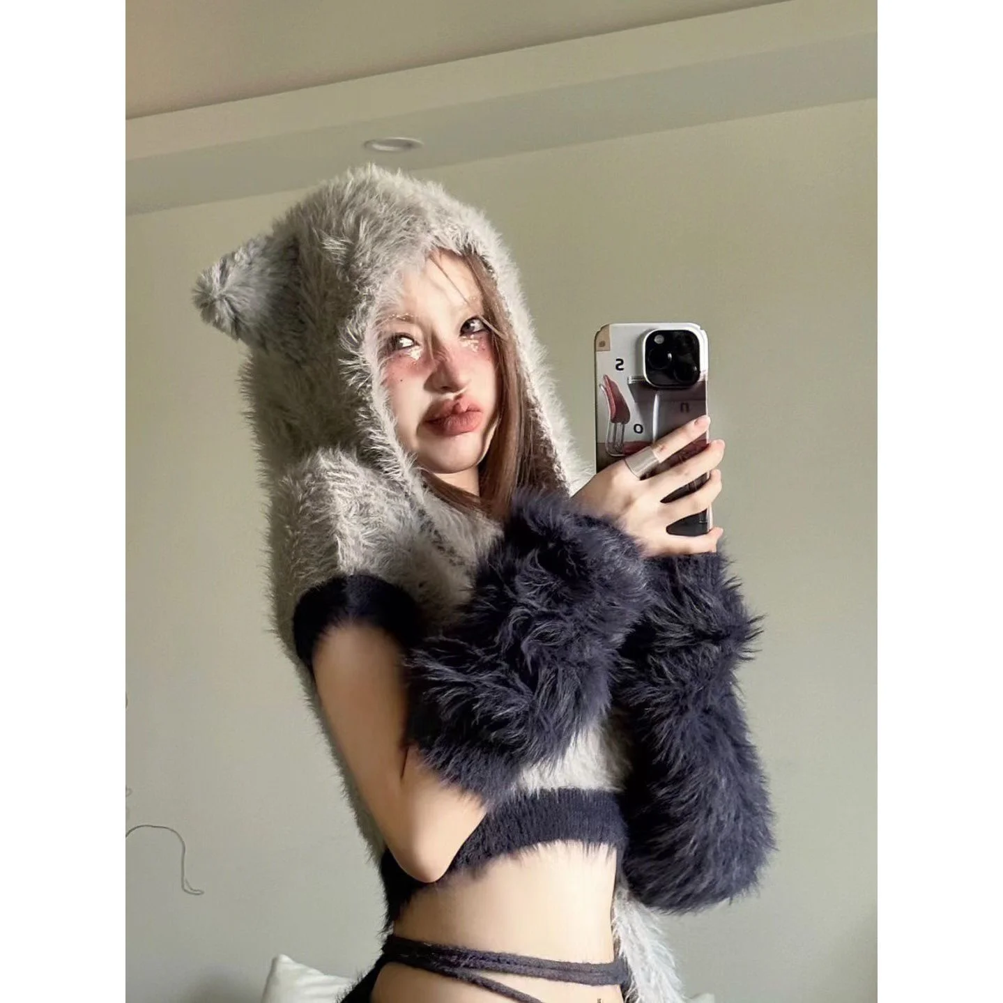 Женский трикотажный комплект из двух предметов серая модная юбка с капюшоном и