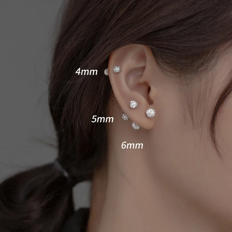 Серьги-гвоздики женские серебряные со сверкающими цирконами 4/5/6 мм