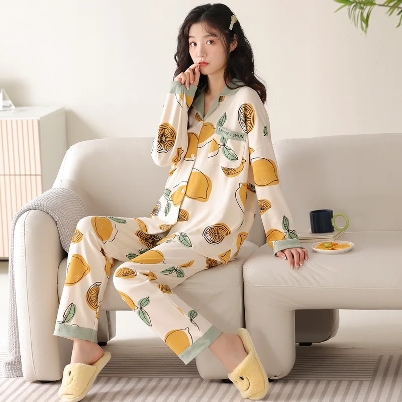 Yasuk Spring Autumn Fashion Women Casual Soft Print Sleepwear Homewear Pajamas With Pants Sweet Fruits Lemon Girl Simple Cotton
