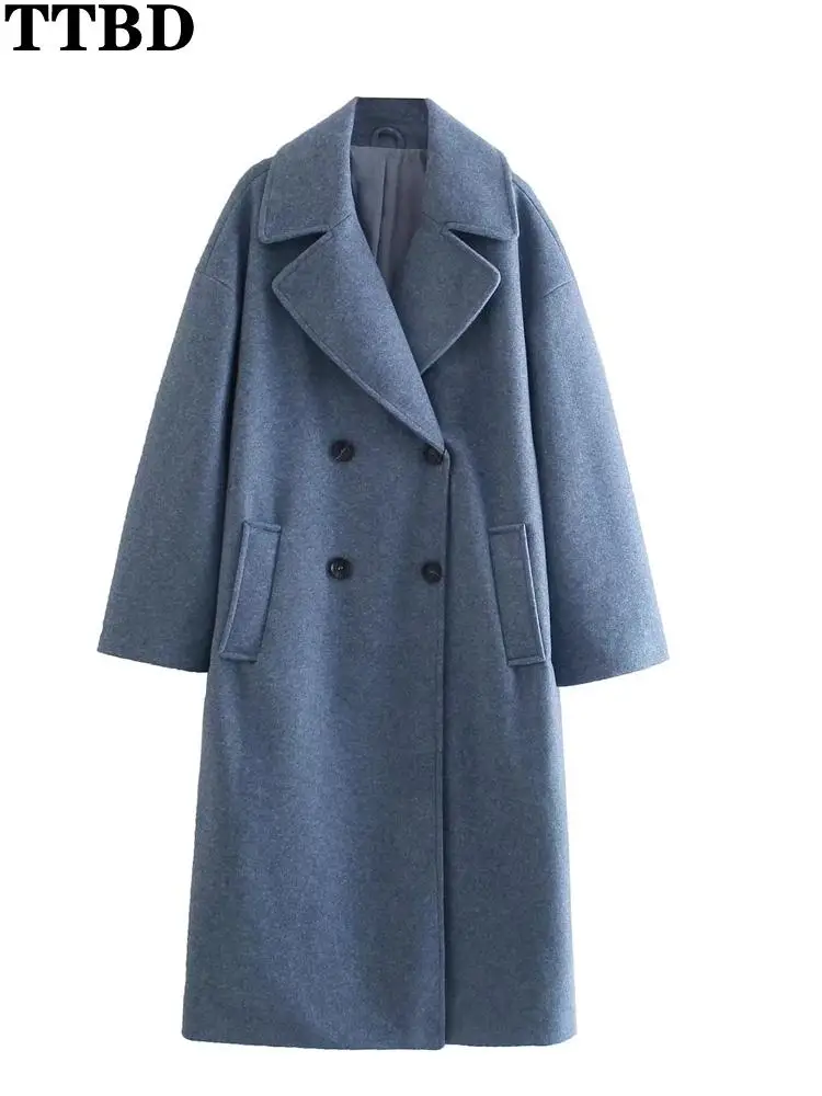 2021 Women fashion double breasted loose woolen coat vintage long sleeve pockets female outerwear chic overcoat winter woman