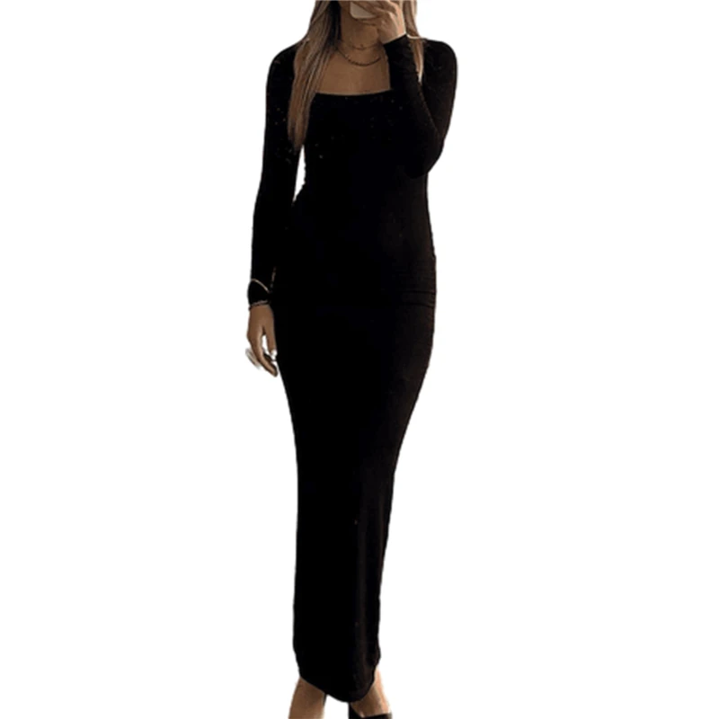 

Длинное облегающее платье y2k, эстетичное женское однотонное платье с квадратным вырезом, длинным рукавом и разрезом сзади, Сексуальные вечерние платья, клубная одежда