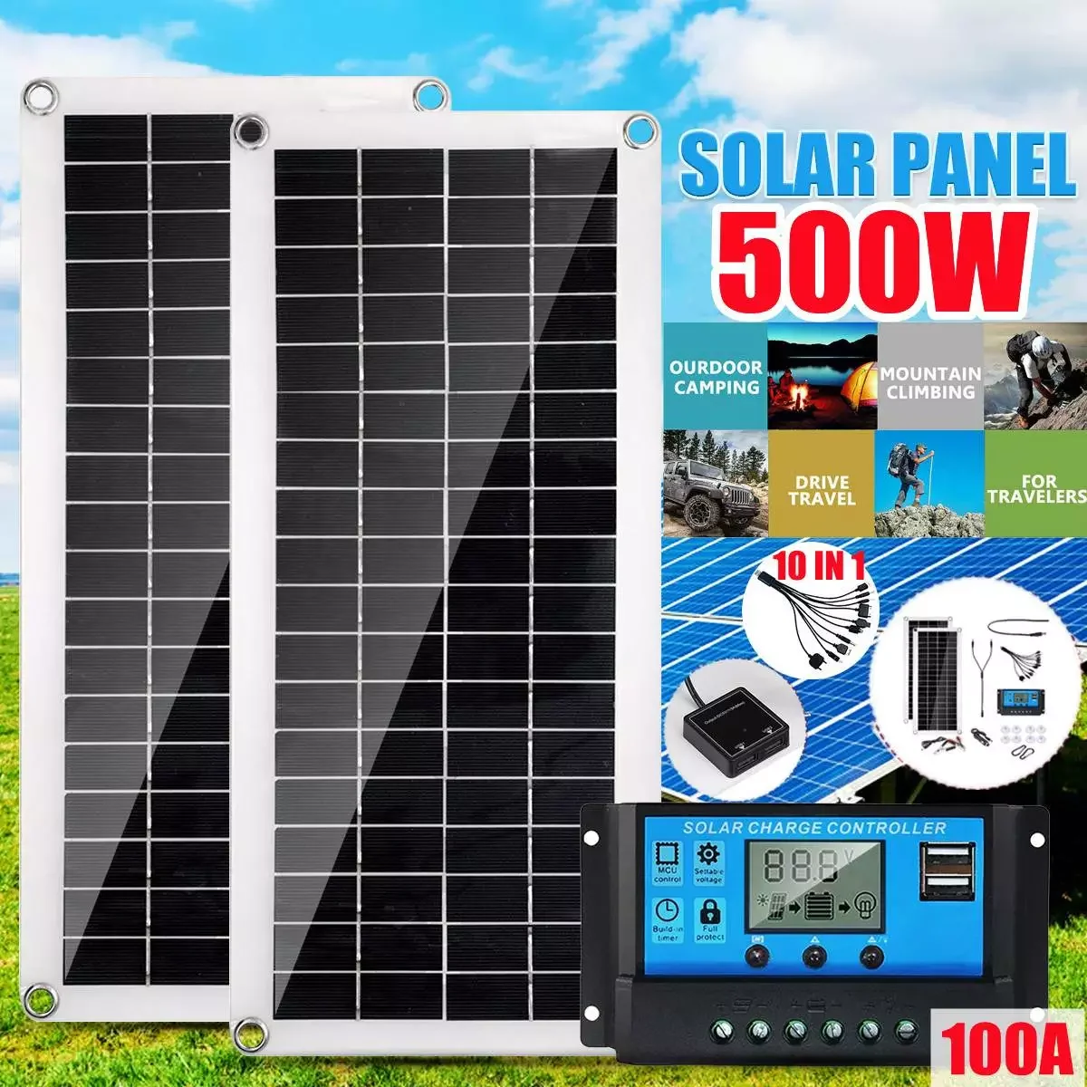 

NEW 500W Panel Solar Solar Panel Dual 18V USB With 100A Controller Solar Cells Poly Solar Charger for Car Yacht RV Battery Charg