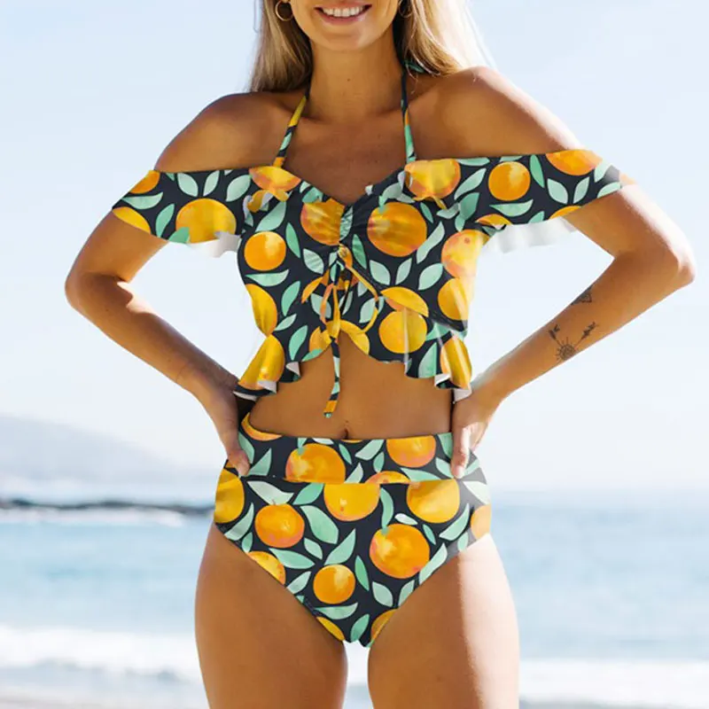 

Купальник-бикини женский с высокой талией, пикантный купальный костюм с принтом листьев, пуш-ап, пляжная одежда с оборками, лето