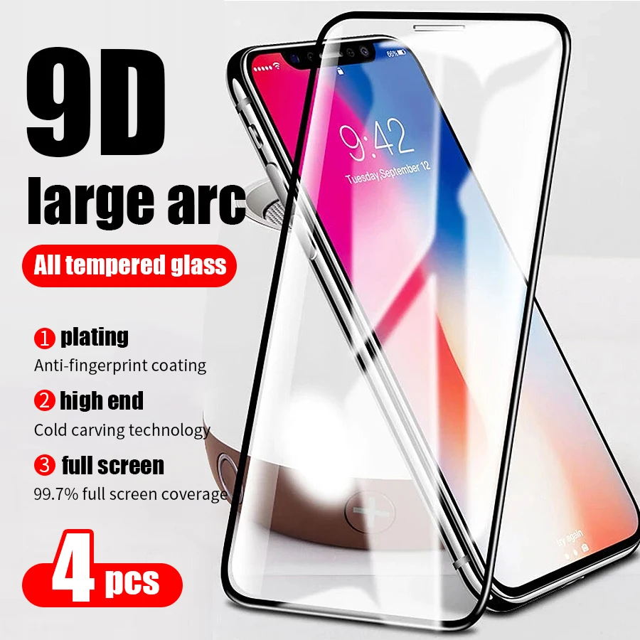 

4PCS 9D Full Cover Max Screen Protector on For IPhone 11 12 13 Pro Protective Glass for IPhone X XR XS Max 7 8 6 6s Plus Glass