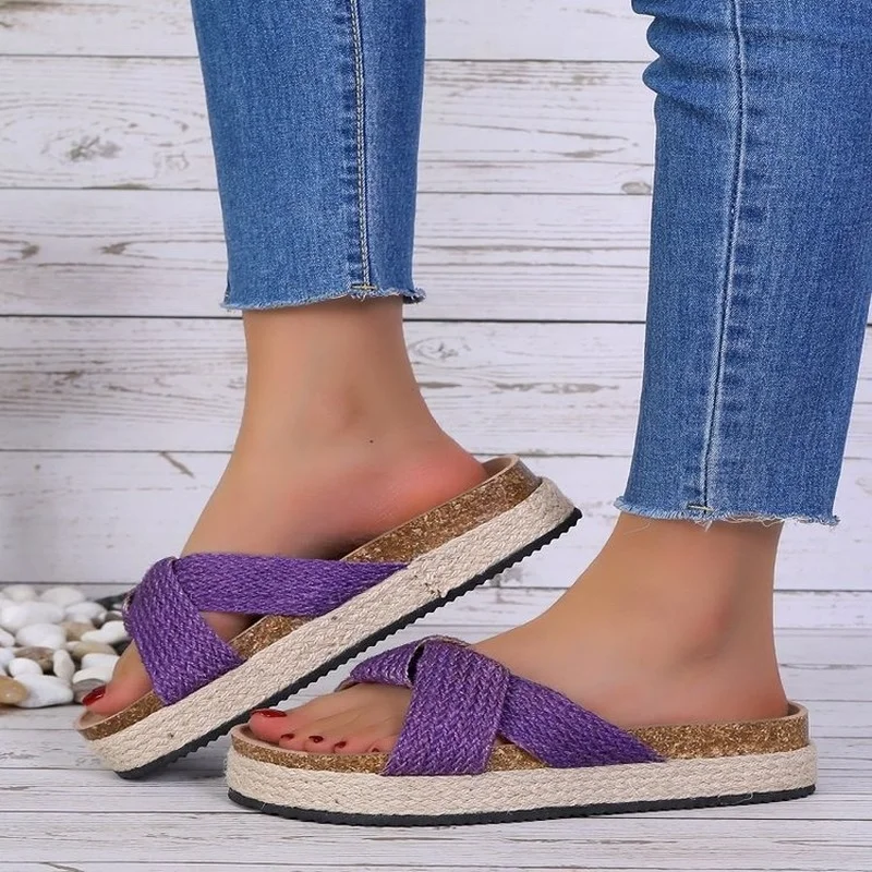 

2022 New Women Slippers Women Outdoor Slippers Cork Straw Slides Summer Flat Shoes WomanBreathable Slippers Women's Beach Shoes