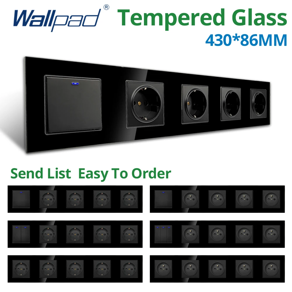 

Wallpad 1/2/3 Gang 2 Way Wall Light Switch With LED Indicator 4 EU Socket 430*86mm Black Glass Panel AC 110V 220V 16A