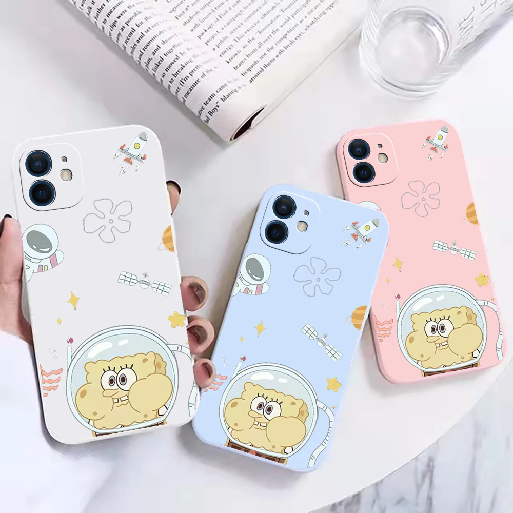 

Cartoon SpongeBob Silicone NEW 2022 Phone Case For iPhone 12 11 13 Pro Max Mini X XS Max XR 7 8 Plus Full Lens Protection Cover