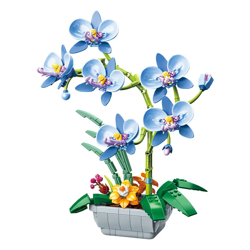 City Creativity Simulation Blue Phalaenopsis Orchid Potted Ornaments Bonsai Building Blocks Bricks Toys Girl Christmas Gifts