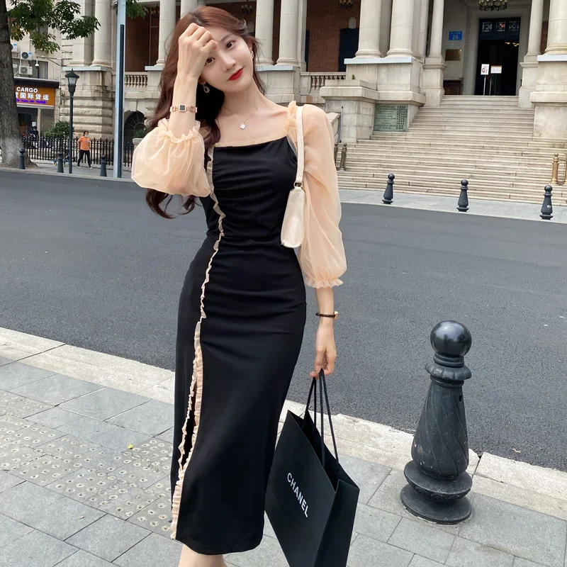 

COIGARSAM Summer Women 2022 New French Style Cheongsam Vintage Square Collar Black Dress Dropshipping