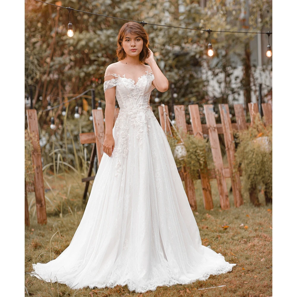 

Elegant A Line Wedding Dresses Appliques Beads Off The Shoulder Sheer Neck Bridal Gowns Sexy Lace Up Back Vestido de Noiva