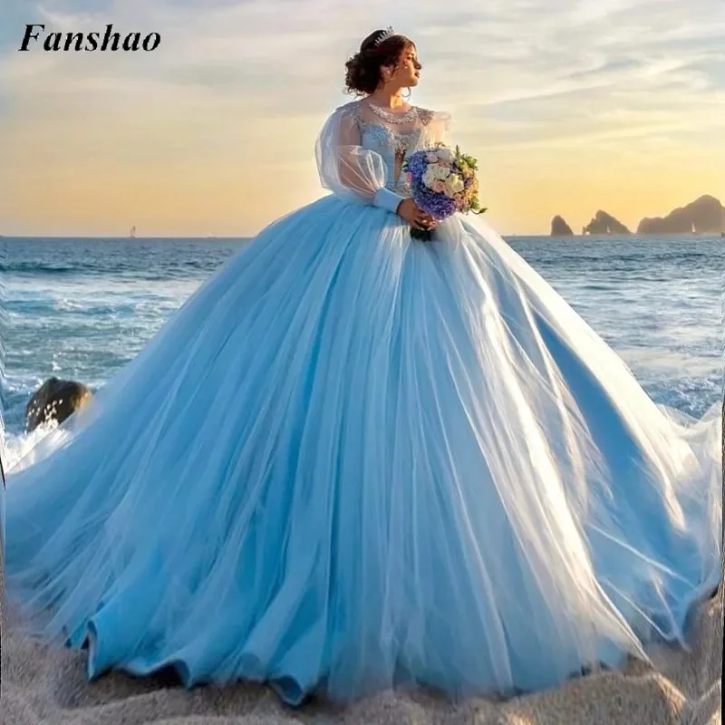 

Fanshao pd198 Puff Long Sleeve Quinceanera Dress Beading Applique Lace Vestidos De 15 Años Sweet Formal Birthday Party