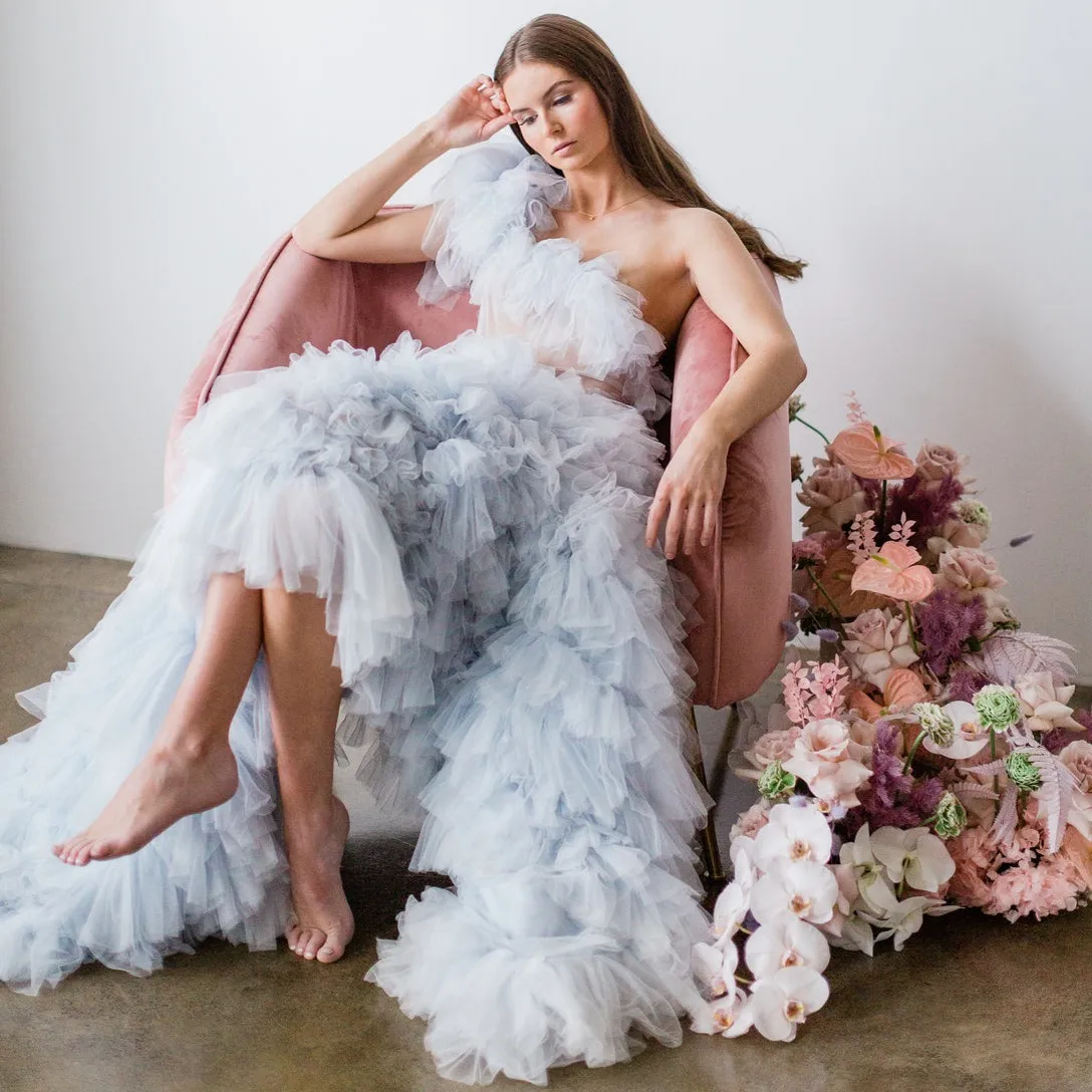 

See Thru Light Blue Tulle Robe One Shoulder Ruffles Tiered Tulle Women Dresses To Party Bridal Night Gowns Baby Shower Dress