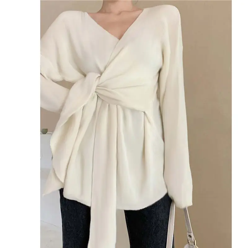 Oversized Korean V Neck German Velvet Tops Women Elegant Fashion Cover Belly Loose Tshirt New Irregular Straps Warm T-shirt Tees