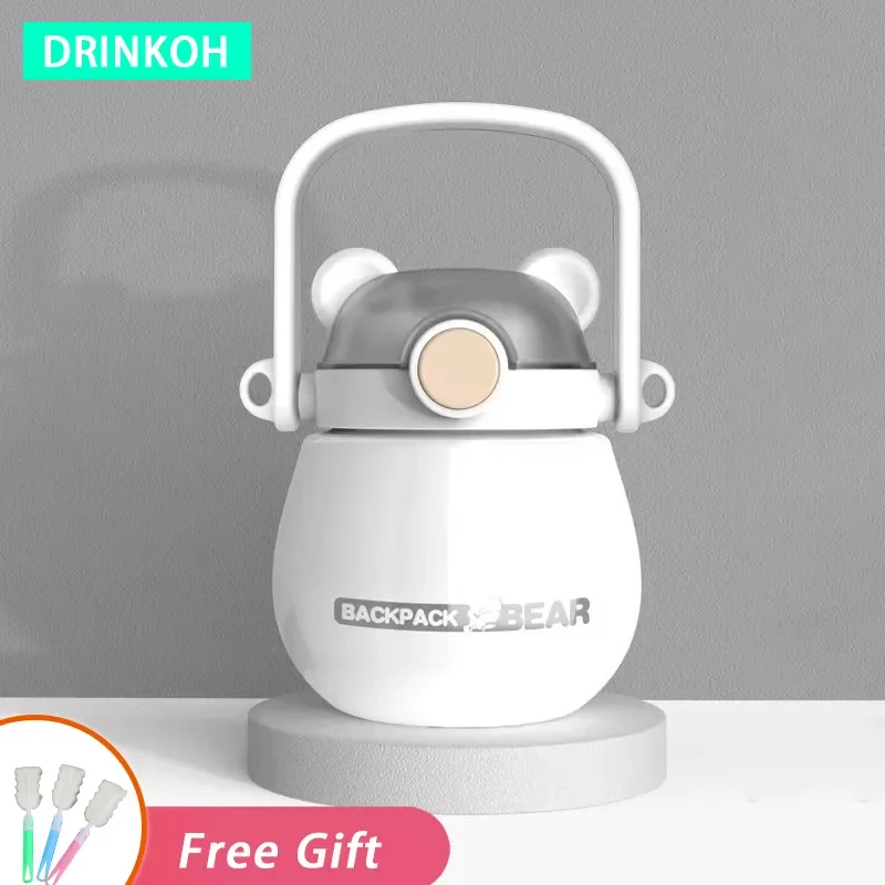 

NEW2023 Cute Water Bottle For Girl Children Vacuum Flasks 600ml Straw Insulated Cup Kawaii Portable Thermal Tumbler Cartoon Bear