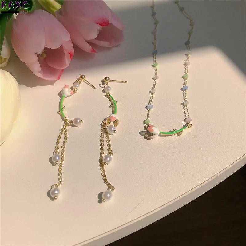 

Rbxc Personalized Design Color Crystal Beaded Pearl Painted Tulip Necklace Flower Pearl Tassel Earrings Necklace Trend
