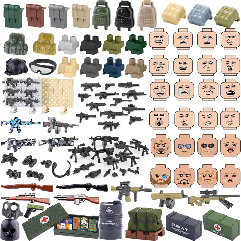 WW2 Building Blocks Action Anime Figures Adults Children Gifts Toys Weapons Box Guns Squatting Leg Funny Expression Backpack MOC