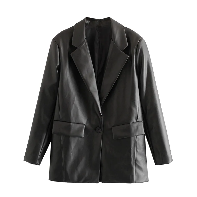 

Women Fashion PU Faux Leather Loose Blazer Coat Vintage Pockets Long Sleeve Back Vents Female Outerwear Chic Tops