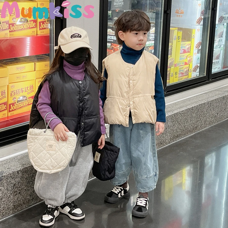 

Mumkiss Kids Cotton Vest Winter Thick Warm Solid Color Cardigan Vest Loose Button Big Pocket Holiday Travel Children Clothes