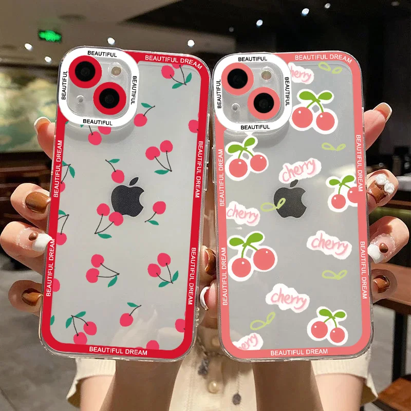 

Lovely Cherry Strawberry Clear Phone Case For iPhone XR XS X 11 12 13 14 Pro Max 14 Plus 7 8 Plus SE 2020 Transparent Back Cover