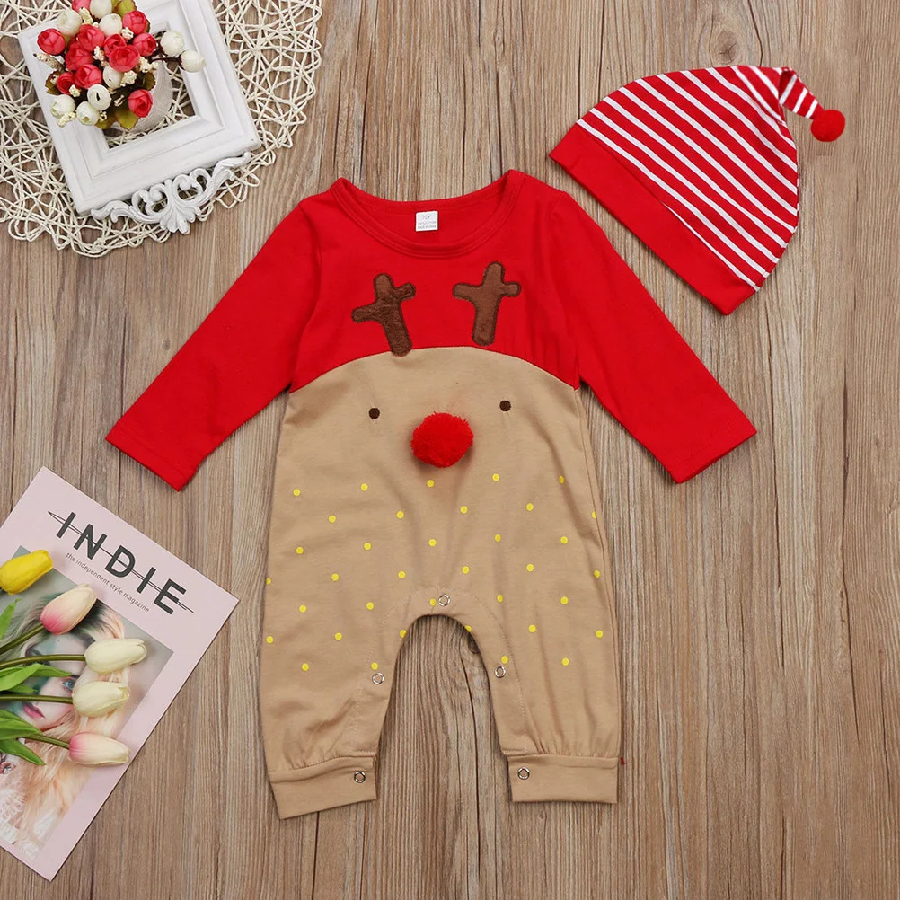 

Newborn Boys Christmas Sleeve Red Nose Cartoon Reindeer Pajama Jumpsuit Stripe Hat Bodysuit Set Suitable for