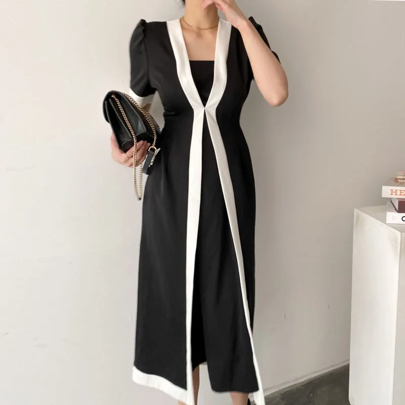 

SuperAen 2022 Summer Square Collar Splicing Two-Piece Contrasting Color Waist Puff Sleeve Dress Women
