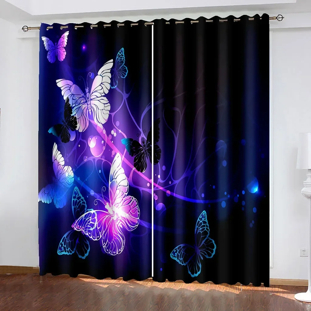 

3D Black Floral Purple Rose Butterfly Flower Two Drape Thin Window Curtains for Living Room Bedroom Decor 2 Pieces Free Shipping
