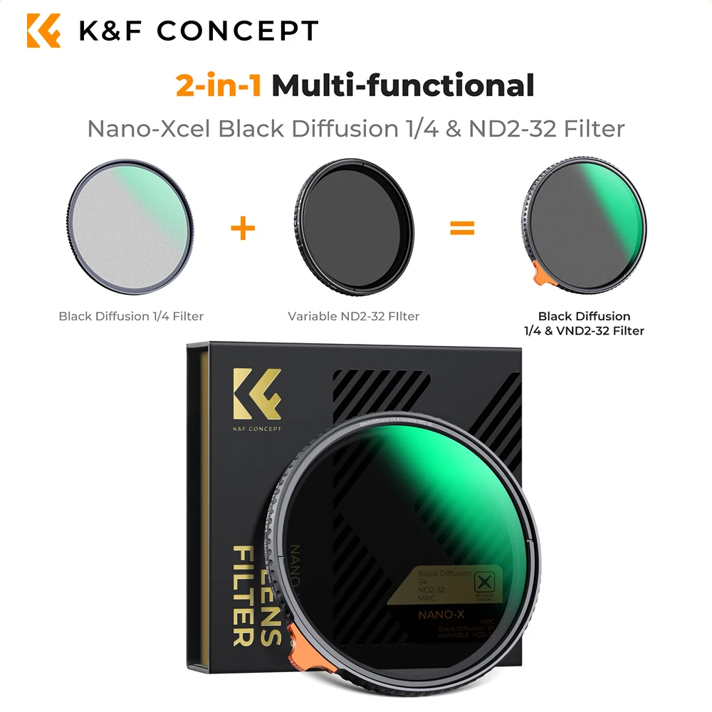 Фото K&F Concept Nano-X 2in1 Variable ND2-ND32+1/4 Черный туманный фильтр 49/52/55/58/62/67/72/77/82 мм HD 28 Многослойные покрытия №1
