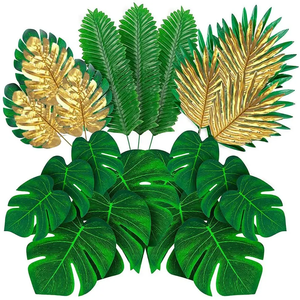 

Artificial Palm Leaves Fake Silk Gold Green Turtle Leaves Plants For Home Jungle Beach Birthday Wedding Luau Hawaiian Party
